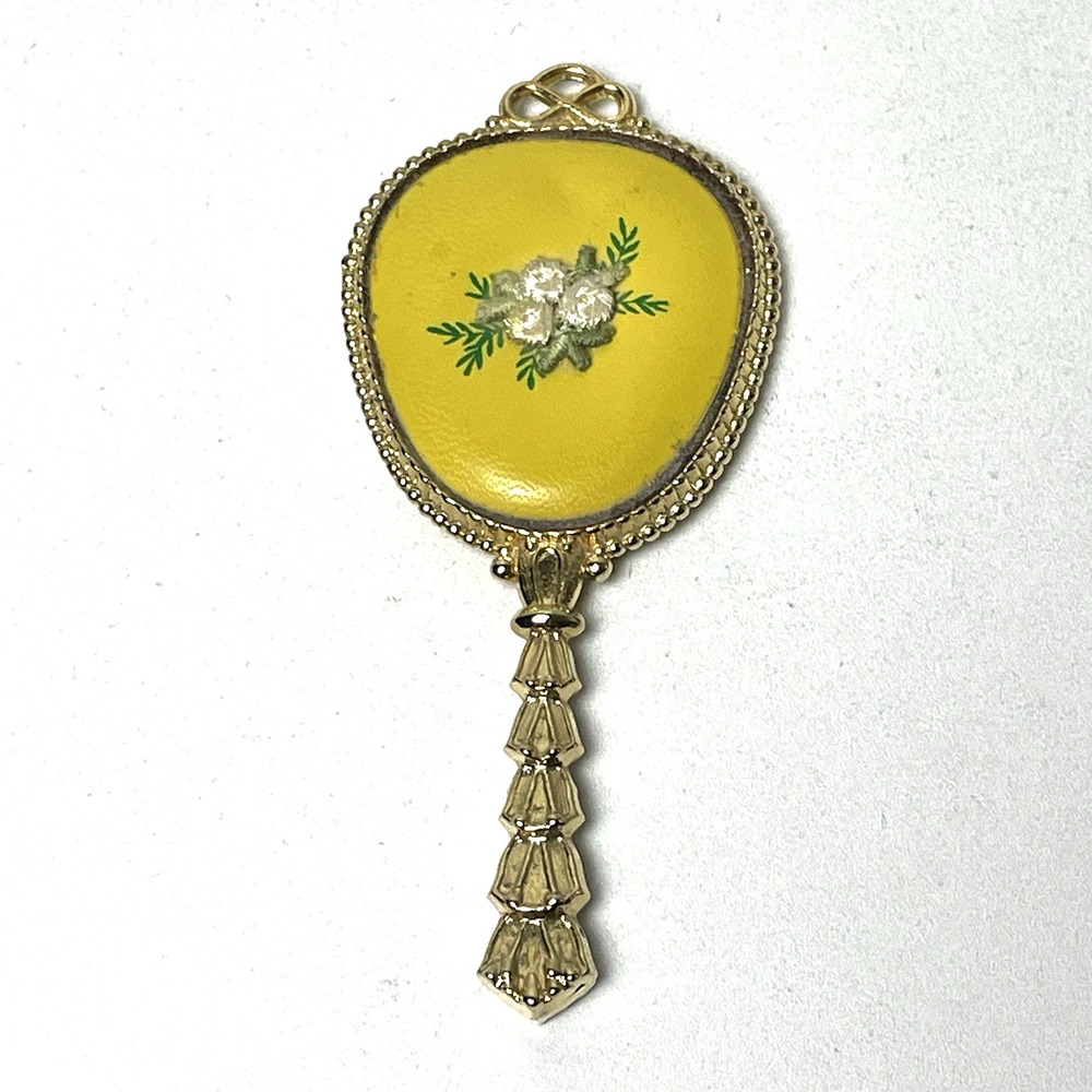 Vintage 5" Hand Mirror Art Nouveau Gold Yellow Floral Flowers Baby Girl Doll
